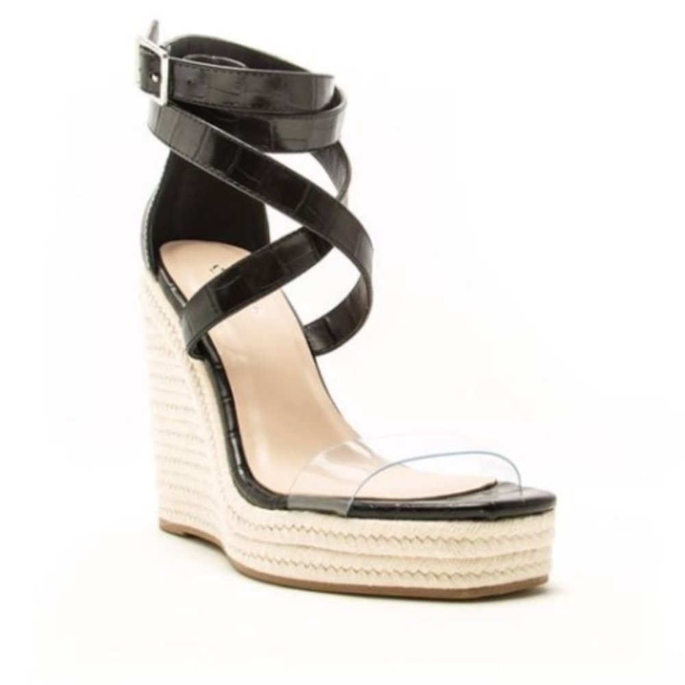 Black Croc Wedge Espadrilles - Picture 2 of 8